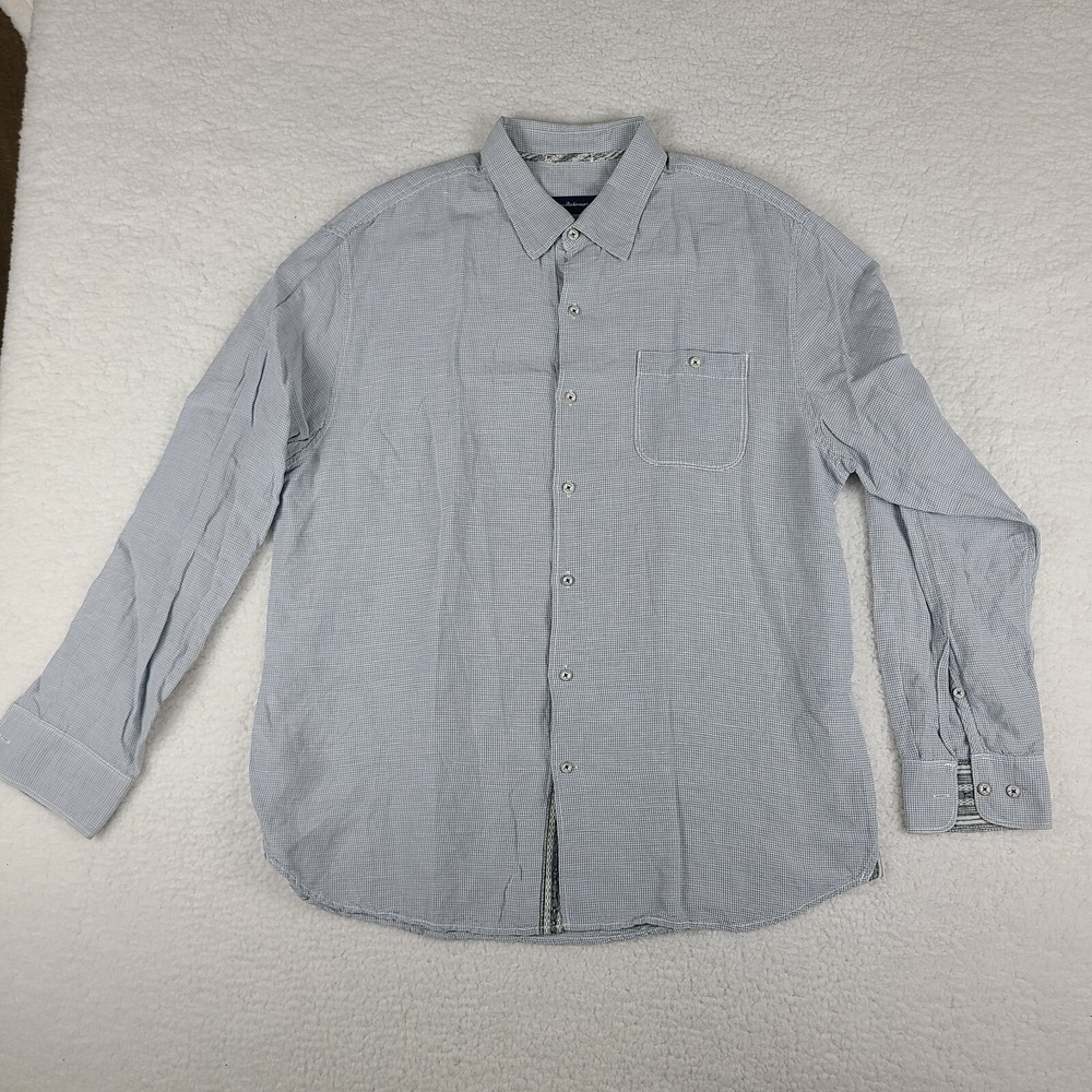 Tommy Bahama Dress Shirt Mens XL Gray Mini Check Linen Tencel Lyocell Button Up